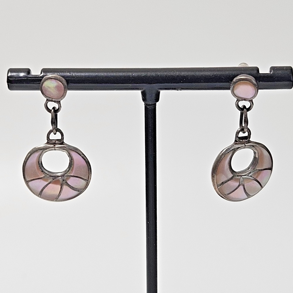 Vintage Zuni Francis Leekya Earrings Sterling Silver Shell Inlay Round Drop
